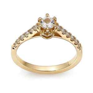 złoty pierścionek z szafirem i brylantami